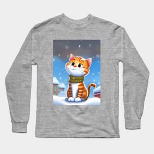 Winter Cat With a Scarf in Winter Scenery is waiting for Santa Long Sleeve T-Shirt
